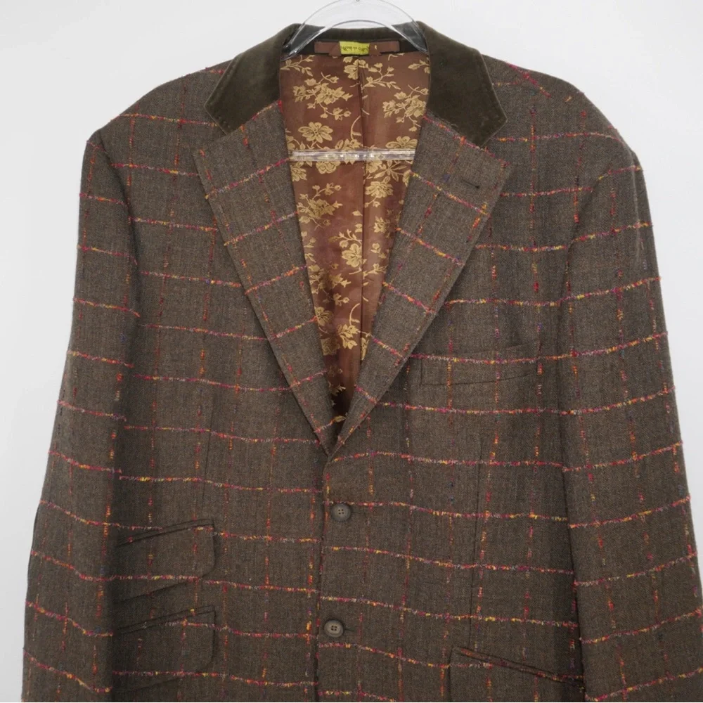 TED BAKER Brown Fuchsia Window Pane 100% Wool Sport Coat Velvet Elbow Collar 46R